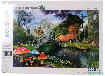 boîte-énigme ornée d'une illustration représentant un pont au-dessus d'un étang et une maison