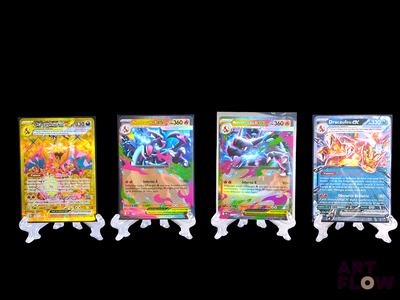 four different types of pokemon cards are displayed on a black background