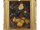 tableau représentant une nature morte composée de fruits et de fleurs, dans un cadre doré