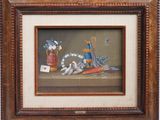 tableau représentant une nature morte composée de fleurs et d'un vase posés sur une table
