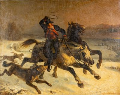 un tableau représentant un homme à cheval poursuivant un chien