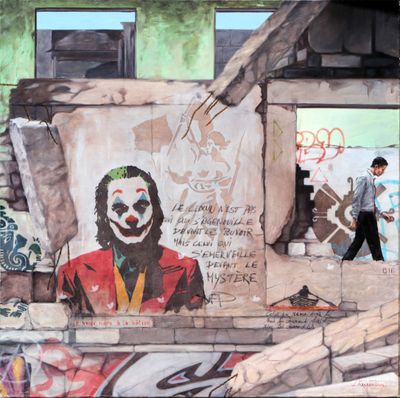 painting of a man walking past a wall with a picture of a clown on it