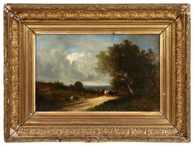 une image représentant un tableau d'une route de campagne avec du bétail au loin