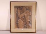 framed drawing of a couple hugging each other in front of a white wall