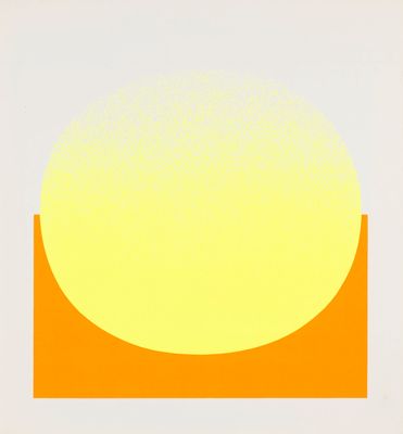 an orange and yellow painting with a half circle on top of it