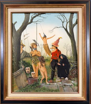 tableau représentant un groupe de personnes déguisées en sorcières dans une forêt