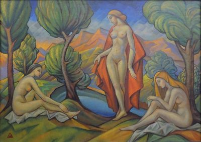 painting of three nudes in a landscape with trees and a stream