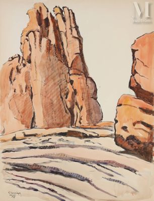 dessin représentant une formation rocheuse au milieu d'un désert