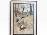 framed picture of a painting of a man and a woman on a beach
