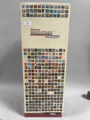 a close up of a tall display case with pictures on it