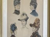 an old picture of a group of women wearing hats in a gold frame