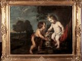an image of a painting of two children playing with a dog