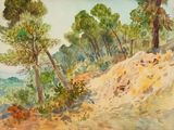 une aquarelle représentant des arbres sur le flanc d'une colline