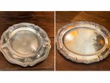 deux photos d'une assiette en argent posée sur une table en bois