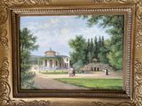 une peinture à l'huile représentant une scène de parc avec un belvédère et des personnages