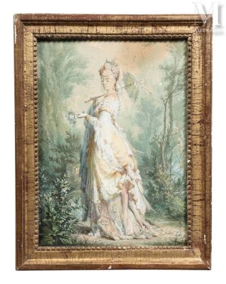 une image représentant un tableau où l'on voit une femme et un enfant dans un décor boisé