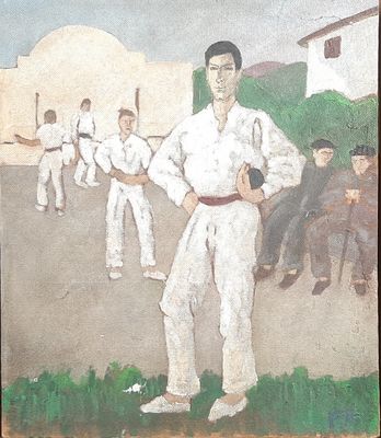 a painting of a man holding a baseball bat in front of a group of men