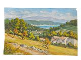 une peinture à l'huile représentant un paysage avec une maison et des arbres