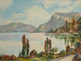 tableau représentant une vue sur un lac et des montagnes, avec une route au premier plan
