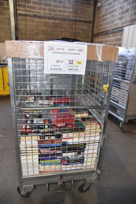 a cart with a lot of books on it in a warehouse
