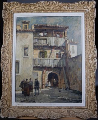 une image représentant un tableau où l'on voit une calèche devant un bâtiment