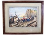 an image of a picture of a painting of a boat on the beach