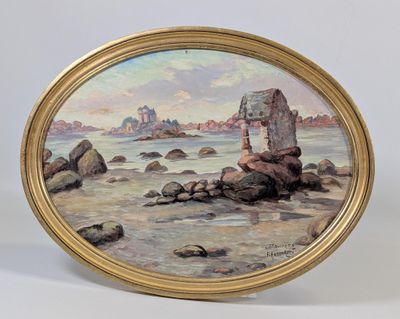 une image représentant une peinture de rochers et d'eau, avec un château en arrière-plan