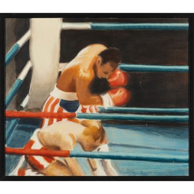 tableau représentant un boxeur et son chien sur un ring de boxe