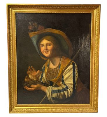 an oil painting of a woman holding a bird in her hand