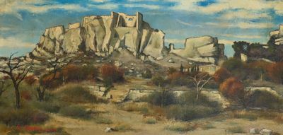 un tableau représentant un paysage désertique avec une montagne en arrière-plan