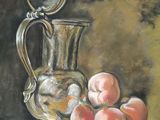 a painting of a silver pitcher and peaches on a table