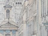 a drawing of a building with a clock tower in the background