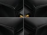 four different shots of a black purse with gold handles