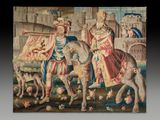 an image of a painting of a man riding a horse next to a dog