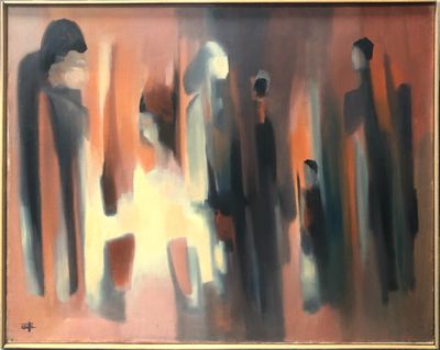 a painting of a group of people standing in front of each other