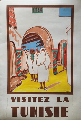 a poster with a picture of a couple of people walking down the street