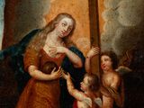 an image of a painting of a woman holding a cross with two children