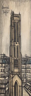 drawing of a large building with a clock tower in the middle of a city