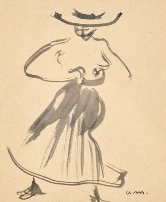 dessin représentant une femme en robe et coiffée d'un chapeau