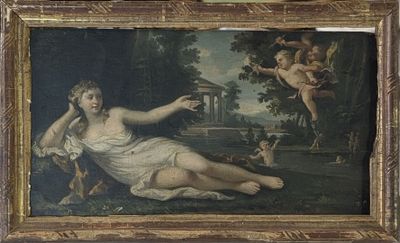 tableau représentant une femme allongée sur le sol dans un décor boisé