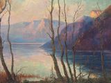 an image of a painting of a lake with trees and mountains in the background