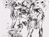 un dessin à l'encre représentant un homme à cheval avec un oiseau sur le dos