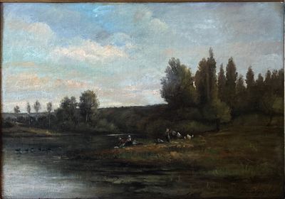 a painting of cows by the water on a sunny day