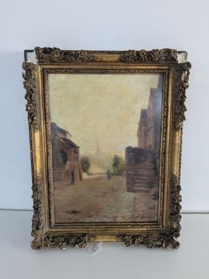 un tableau représentant une scène de rue avec des bâtiments et une calèche