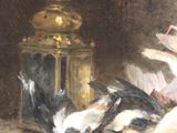 a painting of a dog and a cat laying on a table