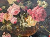 a painting of flowers in a glass vase on a table