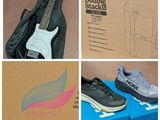 plusieurs photos représentant différents types de chaussures et une guitare dans une boîte