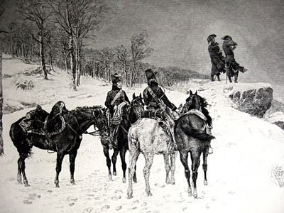 un dessin représentant un groupe de personnes à cheval dans la neige
