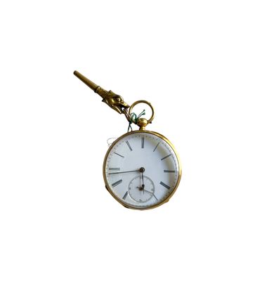 une montre de poche en or à laquelle est suspendue une chaîne sur le côté
