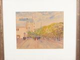 painting of a city street with people walking down it